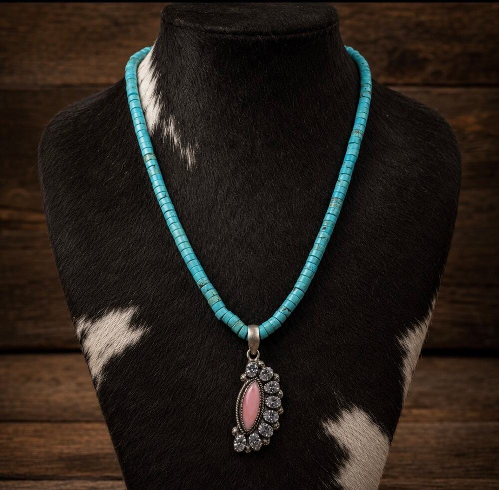 16" Turquoise Heishi Necklace-Pink Conch CZ Sterling Pendant